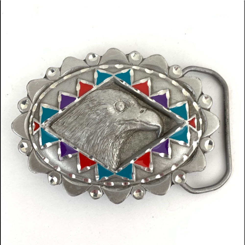 Vintage 90s Pewter Eagle Enameled Belt Buckle